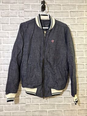 Abercrombie & Fitch Navy Bomber Jacket with Cream Trim, medium